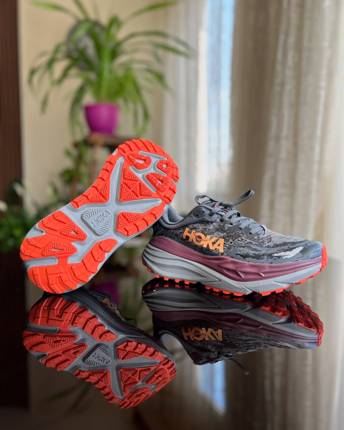 HOKA Stinson 7 Trail Running Shoes Grey with Orange Accents - Image 3